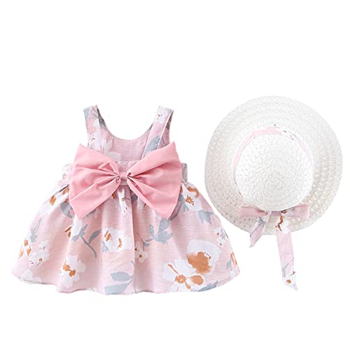 MAMIMAKA Baby Girls Summer Cotton Sleeveless Sundress,Pink Floral Dress with Hat,3-6 Months