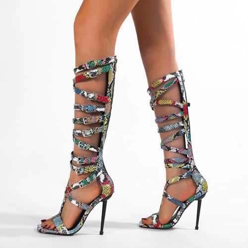 Image of STUPMARY Women Peep Toe Sandals Cut-outs Cross-tied Lace Up High Heeled Gladiator Sandals Zipper Over The Knee Bootie Summer