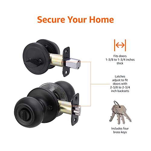Amazon Basics Exterior Door Knob with Key Lock and Deadbolt, Keyed Alike, Coastal, Matte Black by Amazon Basics - Image 2