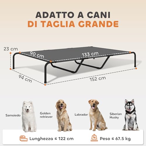 Pawhut Lettino Per Cani Rialzato Da Esterno, Brandina Per Cani Di Taglia Grande Portatile Con Struttura In Acciaio E Rete Traspirante, Facile Da Montare Senza Attrezzi, Grigio, 152X94X23 Cm - 7
