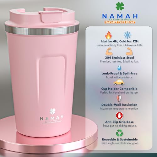 Image of Namah Insulated Coffee Travel Mug 380 ml with Lid, Leak Proof Stainless Steel Thermosteel Vacuum Insulated Mug, Hot & Cold Reusable Coffee Mug for Office, Car Cup Holder Friendly