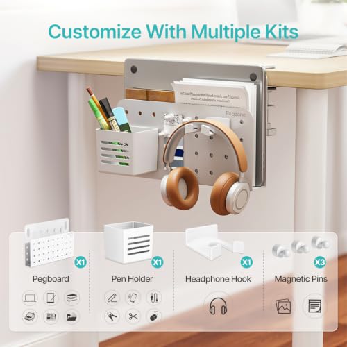 Image of PEGZONE Desk Side Storage Organizer, No Drill Under Desk Laptop Holder, Clamp on Desk Shelf with Pegboard Accessories, Hanging Laptop Mount, Fits Flat Edge Desks 0.4 inch to 2.2 inch, White