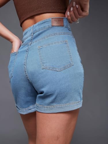 Image of Miss Chase Women's White Regular High Rise Clean Look Regular Stretchable Denim Shorts