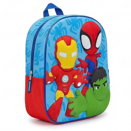 Mochila Infantil 3D Spidey y Sus Sorprendentes Amigos Niño - Mochila Escolar Azul y Roja con Relieve, Bolsillo Lateral de Malla, Tirantes Ajustables, Licencia Oficial, Talla Única