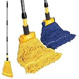 Gadhra Commercial Mop, Looped-End String Industrial Mop, Heavy Duty Mops with 2 String Cotton Mop Heads for Floor Cleaning, Blue/Yellow