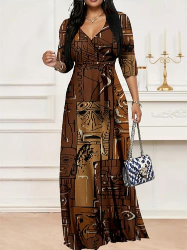 Image of Women's Church Maxi Wrap V Neck 3 /4 Sleeve Tie Waist Plus Size Long Dress | Flattering wrap V-neck design enhances curves. High elastic tie waist accentuates the slimmest part, hides tummy.