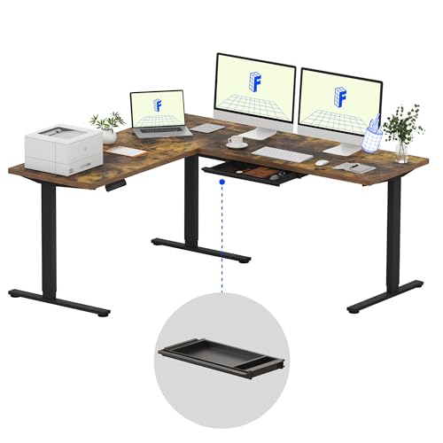 Image of FLEXISPOT L Shaped Standing Desk, 71 x 63 Inch Electric Height Adjustable Corner Desk, Sit Stand Computer Workstation, Preset Controller, Home Office, Black Frame with Rustic Brown Top, Black Drawer