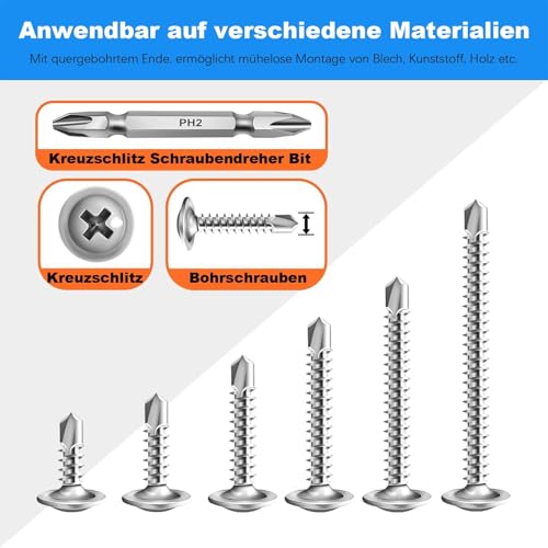 50 Stück Blechschrauben 4,2 x 19 mm, Bohrschrauben, Selbstschneidende Schrauben Edelstahl, Kreuzschlitzschrauben, mit Schraubendreher Bit