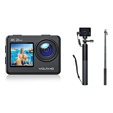 WOLFANG GA200 Action Cam 4K 24MP Unterwasserkamera WiFi 40M wasserdichte EIS Bildstabilisator Touchscreen & Action Cam Selfie Stick lädt Ihre Action-Kamera Cover