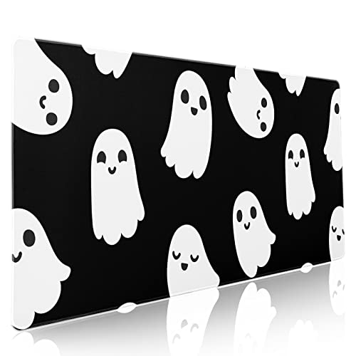 Image of Halloween Cute Ghost Mouse Pad Kawaii Cartoon Spooky Funny Spirit Extended Desk Mat Non-Slip Rubber Base Stitched Edge Large XXL Black White Mousepad for Gaming Laptop Computer Desktop 35.4x15.7 in