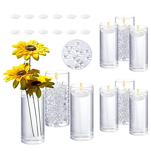 Sawysine Glass Cylinder Vase Clear Multiple Size Glass Flower Vase Centerpieces with White Floating Disc Candles Water Vase Filler Gel Beads for Wedding Home Decoration (20 Pcs, 5.9 Inch Tall)