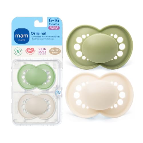 MAM Original Baby Pacifier 6-16 Mths, Skin Soft Silicone Nipple, 2 Pack | BPA-Free Skin Soft Silicone Nipple, Developed With Medical Experts, With Sterilizer Case, Easy To Clean, Made In Europe
