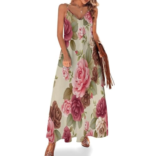 Robe d'été roses romantiques imprimée bohème maxi longue à taille élastiquée et col en V