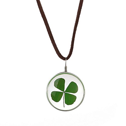 LUOEM Oval Pendant Flower Pressed Necklace Dried Leaves Clover Necklace for Women Girls