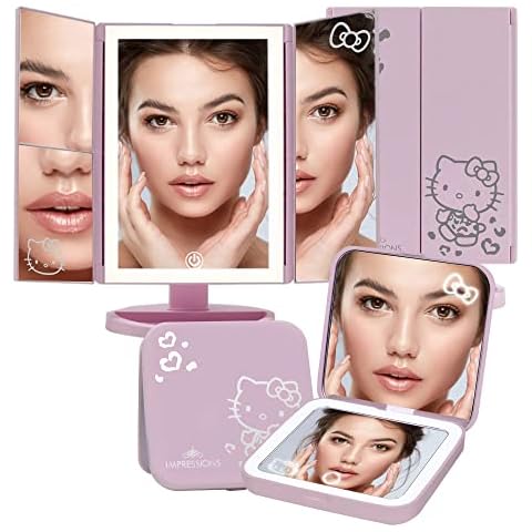 Impressions Vanity Hello Kitty Lighted Makeup Mirrors Bundle, Supercute Trifold and Compact Mirror with LED Lights, Magnification, Touch Screen, Travel Accessories Portable Hand Mirror (Pink) Cover