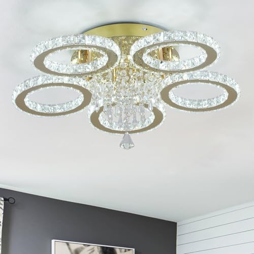 Image of VETRULUS Modern Crystal Chandelier 5-Ring LED Lighting Gold Flush Mount Ceiling Light Fixture for Bedroom, Dining Room, Living Room, Hallway - White Light