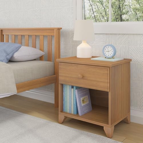 Max & Lily Kids Wooden Nightstand with Drawer & Cubby, Solid New Zealand Pine, Low-VOC, Easy Assembly, Pecan