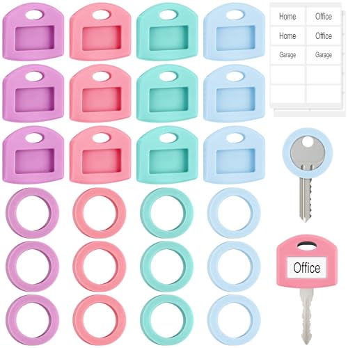 NISENTIA Schlüsselkappen, 24 Stück Schlüssel Markierung Schlüsselkappen Eckig Rund Schlüsselmarkierung Bunt Schlüsselkappe Schlüsselmarkierer Schlüsselschutz Schlüsselkennringe (4 Farben)