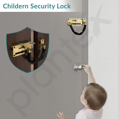 Image of Plantex Door Chain with Baby Latch /Door Chain Lock for Main Door /Latch Lock for Door /Heavy Duty Door Safety Guard Lock for Home, Hotel & Office Security - Pack of 1 (DTK-294-Brass Antique)