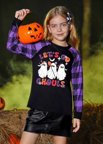 BesserBay Girls Halloween Funny Plaid Graphic Shirt Long Sleeve Spooky Patchwork Raglan Top 5-14 Years3