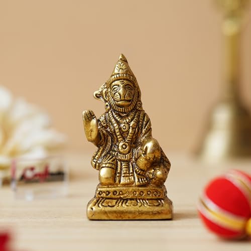 Image of eCraftIndia Golden Brass Hanuman Ji Murti Statue | Blessing Lord Hanuman Idol for Home Temple Pooja Mandir Car Dashboard | Gift for Housewarming Birthday