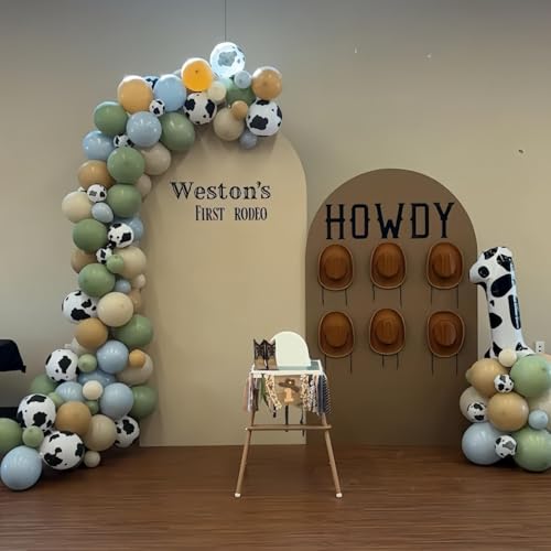 Image of Cow Print Balloons, 12 Inch Farm Animal Retro Dusty Blue Green Beige Black Sand White Nude Cow Latex Balloons for kid Cowboy My First Cowgirl Rodeo Baby Shower Farm Western Birthday Party Decorations
