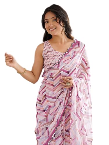 Image of Satrani Women's Georgette Printed & Mirror Work Saree with Unstitched Blouse Piece