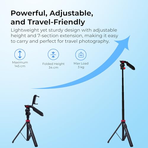 Image of Digitek (DTR 565 SS) Tripod Selfie Stick with Wireless Remote, 360 Rotation, 7-Section Aluminum Rod, 1450mm Max Height, 3kg Load, GoPro Adapter - Compatible with Phone & Action Cameras