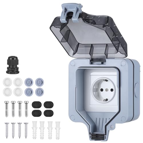 JIZZU Enchufe Exterior Estanco, 16A Pared Enchufe Exterior con Conector de Cable y Tapa Abatible, Enchufe Exterior para Jardín, Piscina, Cocina, Baño y Garaje