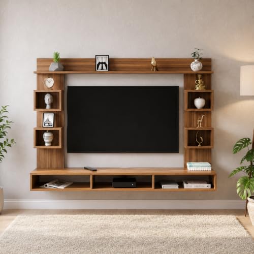 Image of FURNEASER Martin Modern Wall Mount TV Unit for Living Room Wooden Entertainment Center with Storage Shelves Modern TV Panel Stand Showcase for Up to 43 Inch Media Console Cabinet (Exotic Teak)