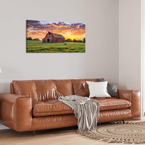 Kalormore Farmhouse Canvas Wall Art Picture Sunset Farm Artwork Barn Landscape Field Scenes Sunset View Colorful Village Painting Picture for Kitchen Living Room Bedroom Wall Decoration Ready to Hang 20x40 inch by Kalormore - Used condition - Image 3