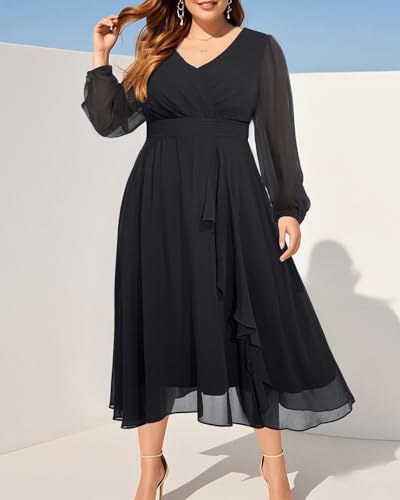 Pinup Fashion Plus Size Dresses for Wedding Guest - 2025 Formal Long Sleeve Chiffon Fall Midi Dress3