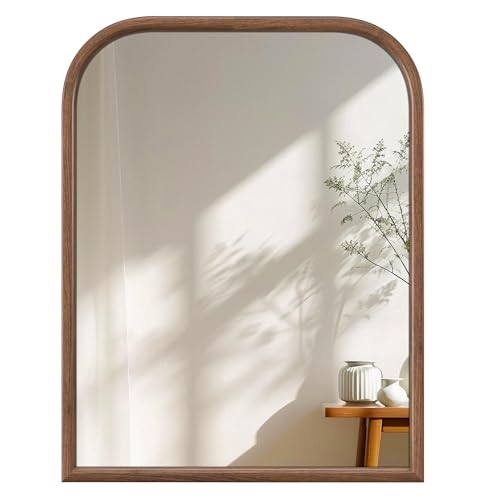 Image of 28 inchx36 inch Arch Wall Mirror for Wall, Wall Mounted Vanity Mirror for Bedroom, Wood Grain Finish Frame Mirror with Tempered Glass, Vintage Decorative for Bathroom, Entryway, Living Room, Walnut