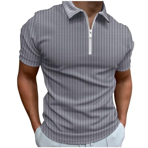 Image of Polo Shirts for Men Summer Short Sleeve Casual Zip up Solid Color Lapel Stripes V Neck T Shirt Muscle Fit Breathable Lightweight Comfy Classic Stylish Golf Tees Sport Running Tshirt T-Shirt