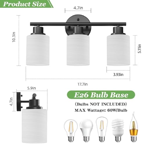 Image of 3-Light Bathroom Light Fixtures, Black Vanity Lights for Mirror with Textured Milky White Glass Shade, E26 Base Modern Kitchen Light Fixtures Wall Sconce Light