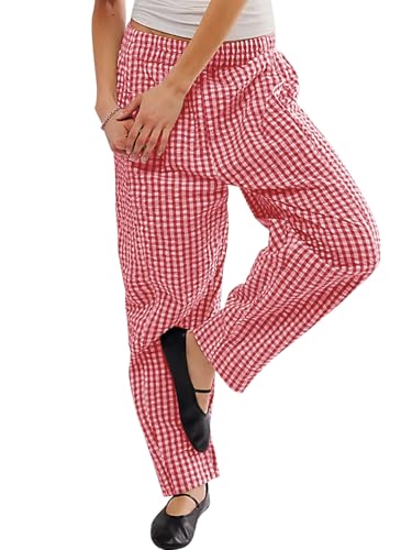 YKR Plaid Pants for Women Gingham Lounge Wide Leg Low Waist Pajama Pants Elastic Waist Trousers with Pocket