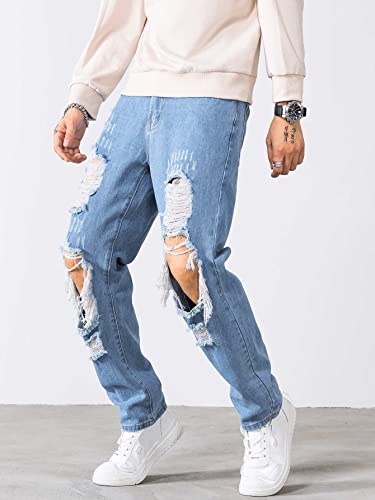 WDIRARA Men's Cut Out Ripped Frayed Zipper Fly Long Straight Leg Denim Jeans4