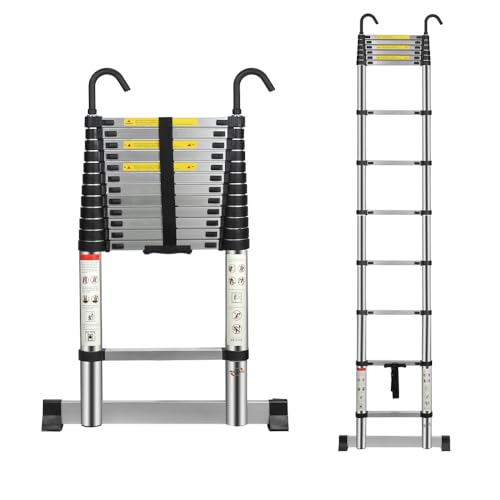 Multibao Telescopic Ladder 3.8M 12.5FT Aluminium Extension Loft Ladder with Stabilizer Bar and Detachable Hooks, Multi Purpose Extendable Portable Folding Ladders, EN131 (3.8M/12.5FT)