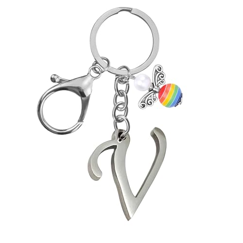Llaveros para hombres y mujeres, llavero de metal con letras del alfabeto personalizadas con dije de ángel, regalos de amistad, llaveros y llaveros, regalo de cumpleaños 18, llavero de coche (V)