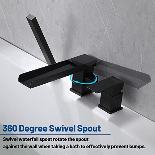 Hamoler Waterfall Roman Tub Faucet Deck Mount Single Handle Bathtub Faucet With Hand Shower 3 Holes Widespread Bathroom Faucet With Waterfall Tub Spout, Matte Black #TOP4