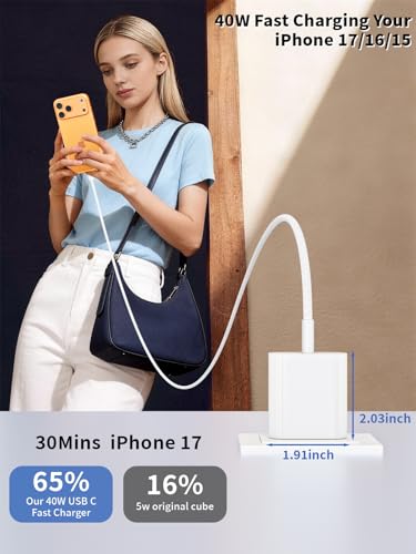 Image of iPhone 17 16 Fast Charger,40W 3Pack iPhone 17 Charger Fast Charging Block USB C Chargers with Braided USB C to C Cable for iPhone Air /17 /17 Pro /17 Pro Max /16 Pro Max /16 Plus /16e /15 /15 Pro Max,iPad Air