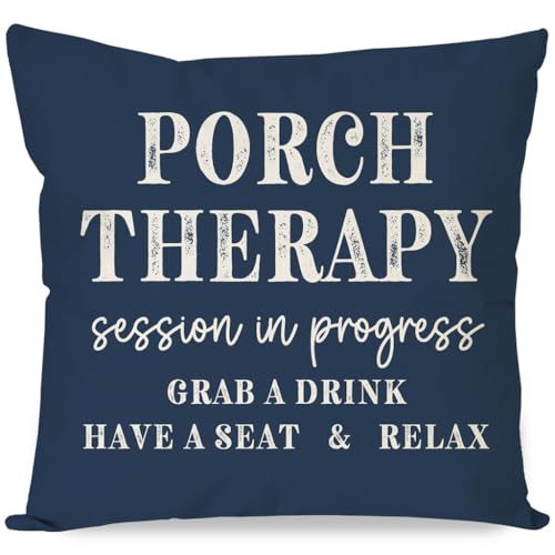 PANDICORN Farmhouse Throw Pillow Cover 18x18 Inch Porch Therapy Session in Progress Blue Outdoor Rustic Front Porch Patio Decorations Decorative Throw Pillows Cases for Party Room Couch Decor