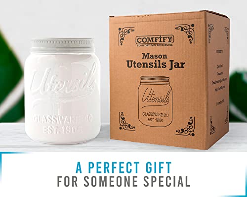 Comfify Wide Mouth Mason Jar Utensil Holder Decorative Kitchenware Organizer Crock, Chip Resistant Ceramic For Countertop - Perfect Cookware Gift - White, Large Size 5.4X6.75" #TOP7