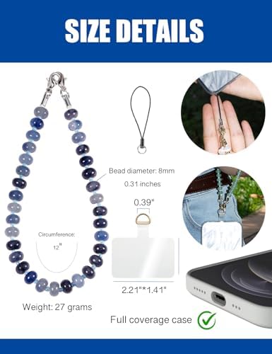 CH.yishi Handmade Natural Gemstone Crystal Beaded Charm Cell Phone Camera Lanyard, Hands-Free Wrist Strap, Phone Chain String, Keychain Decor for Walle (Silver, Blue Aventurine) - 2