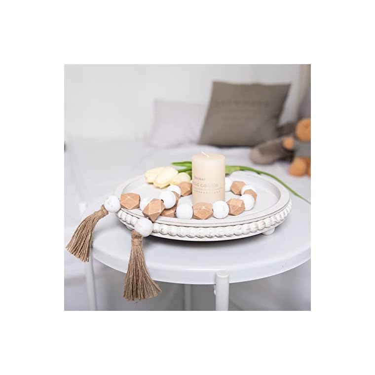 HPC Decor 12in Round Wood Tray - White, Distressed, Farmhouse Rustic - Decorative Tray for Living Room, Coffee Table, Kitchen Table or Farmhouse Serving Tray - Image 3