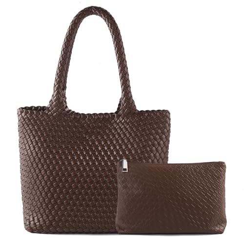 Image of Hand Woven Bag Tote BagS For Women Top Handle Shoulder Vegan Leather Large Travel Beach Hobo Handbag