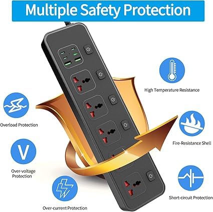 Image of Extension Board, Power Strip with 6 USB Ports and 3 Universal Socket, 2500W 10A Extension Cord, 3-Pin Surge Protector Power Strip for Home, Office, Computer, Mobile Charging (Black-A85)