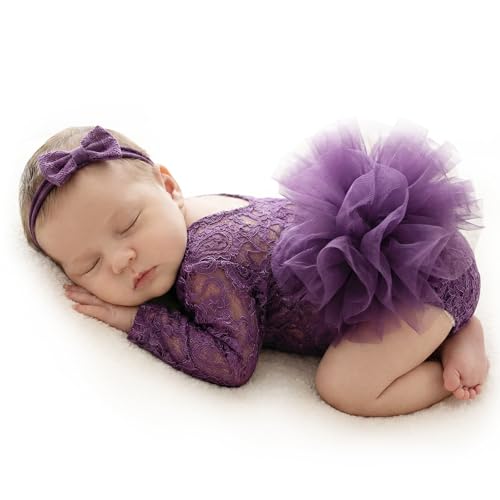 ForBaysy Newborn Photography Props Newborn Lace Romper Set with Matching