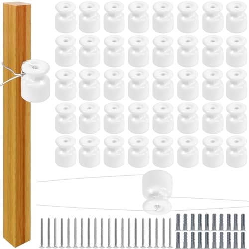 ZXBBTZ 50PCS Aisladores de Porcelana para Cable Trenzado Ø19 mm, Abrazadera Cable Porcelana, Aisladores de Ceramica Blanco, Aislante dePorcelana con Tornillos y Tacos para Seguridad deCable Eléctrico