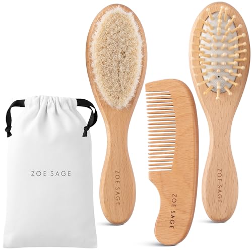 Baby Brush Comb Set, Soft Goat Hair, Beechwood, 3pc